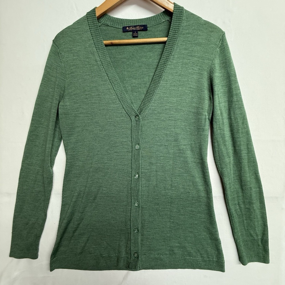 Brooks Brothers Super Fine Merino Wool Medium V Neck Button Front Cardigan Green